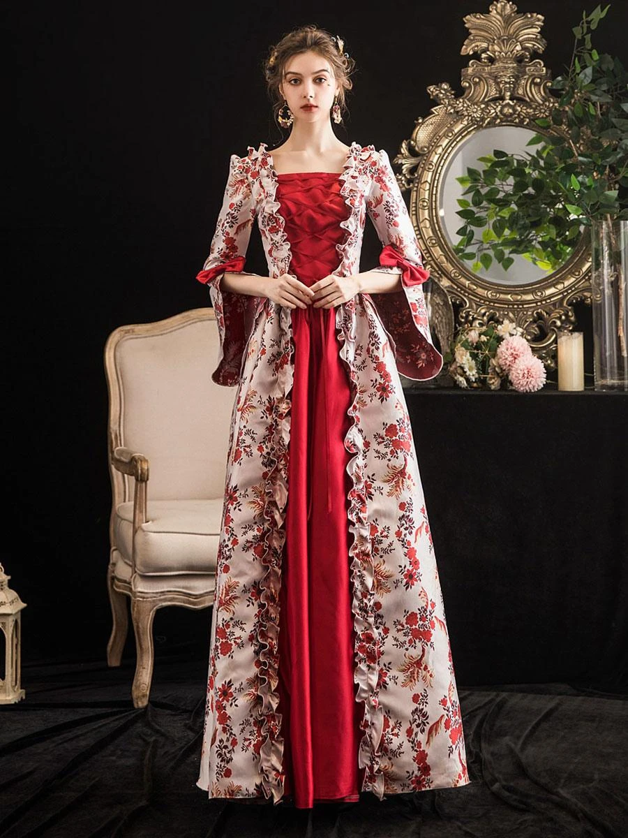 Victorian Dress Costumes Prom Dress Red Retro Costumes Ruffle Bow Floral Print Dress Marie Antoinette Victorian Era Clothing Masquerade Ball Gown 4 Victorian Dress Costumes Prom Dress Red Retro Costumes Ruffle Bow Floral Print Dress Marie Antoinette Victorian Era Clothing Masquerade Ball Gown - Image 2