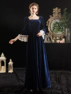Victorian Dress Costumes Prom Dress Velour Dark Navy Short Sleeves Square Neckline Lace Ruffle With Choker Victorian Era Clothing Costumes Halloween -AYA Cosplay Shop 202003171626469309504