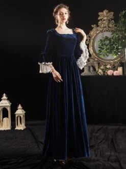 Victorian Dress Costumes Prom Dress Velour Dark Navy Short Sleeves Square Neckline Lace Ruffle With Choker Victorian Era Clothing Costumes Halloween -AYA Cosplay Shop 202003171626472705311
