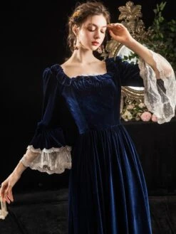 Victorian Dress Costumes Prom Dress Velour Dark Navy Short Sleeves Square Neckline Lace Ruffle With Choker Victorian Era Clothing Costumes Halloween -AYA Cosplay Shop 202003171626476268427