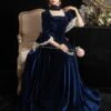 Victorian Dress Costumes Prom Dress Velour Dark Navy Short Sleeves Square Neckline Lace Ruffle With Choker Victorian Era Clothing Costumes Halloween