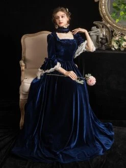 Victorian Dress Costumes Prom Dress Velour Dark Navy Short Sleeves Square Neckline Lace Ruffle With Choker Victorian Era Clothing Costumes Halloween