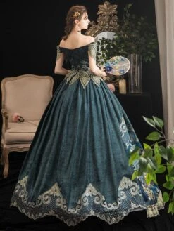 Victorian Prom Dress Retro Dark Navy Short Sleeves Off The Shoulder Baroque Dress Marie Antoinette Party Rococo Dress -AYA Cosplay Shop 202003201750382456835