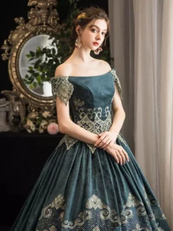Victorian Prom Dress Retro Dark Navy Short Sleeves Off The Shoulder Baroque Dress Marie Antoinette Party Rococo Dress -AYA Cosplay Shop 202003201750386044149