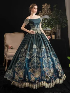 Victorian Prom Dress Retro Dark Navy Short Sleeves Off The Shoulder Baroque Dress Marie Antoinette Party Rococo Dress -AYA Cosplay Shop 202003201750393906633