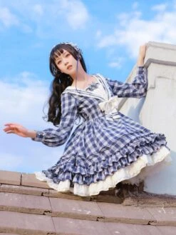 Sailor Classic Lolita OP Dress Strawberry Witch Plaid Bows Lolita One Piece Dresses -AYA Cosplay Shop 202005121602036249684