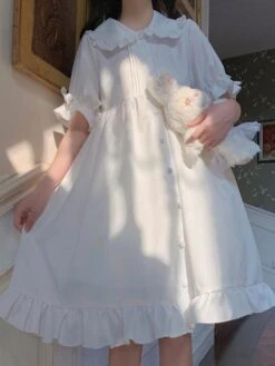 Sweet Lolita OP Dress Ruffles White Short Sleeves Lolita One Piece Dresses -AYA Cosplay Shop 202005261141547064810