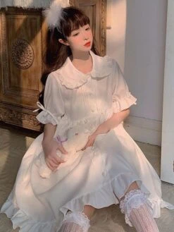Sweet Lolita OP Dress Ruffles White Short Sleeves Lolita One Piece Dresses -AYA Cosplay Shop 202005261141557094529