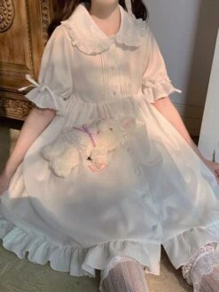 Sweet Lolita OP Dress Ruffles White Short Sleeves Lolita One Piece Dresses -AYA Cosplay Shop 202005261141561334057