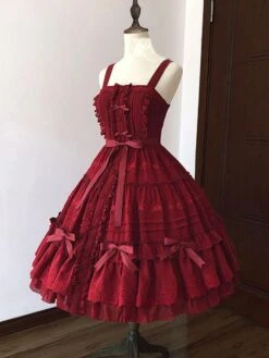 Sweet Lolita JSK Dress Ruffles Burgundy Bows Lolita Jumper Skirts