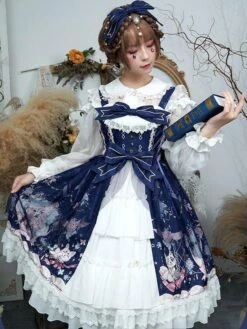 Sweet Lolita JSK Dress Neverland Print Open Front Bows Ruffles Lolita Jumper Skirts -AYA Cosplay Shop 20200604174944587554