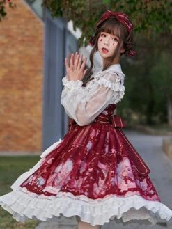 Sweet Lolita JSK Dress Neverland Print Open Front Bows Ruffles Lolita Jumper Skirts -AYA Cosplay Shop 202006041749455326278