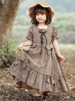 Kids Carnival Cosplay Costumes Plaid Cotton Dress with Headwear For Child