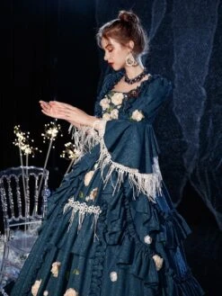 Rococo Victorian Prom Dress Retro Costume Dress Layered Floral Print Navy Blue Cosplay Costume Carnival -AYA Cosplay Shop 202009041438526935461