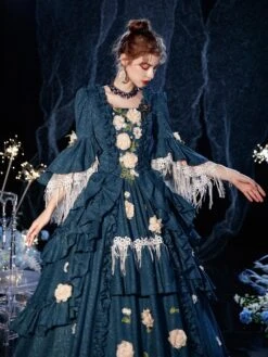 Rococo Victorian Prom Dress Retro Costume Dress Layered Floral Print Navy Blue Cosplay Costume Carnival -AYA Cosplay Shop 202009041438530724841