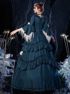 Rococo Victorian Prom Dress Retro Costume Dress Layered Floral Print Navy Blue Cosplay Costume Carnival -AYA Cosplay Shop 202009041438534264102