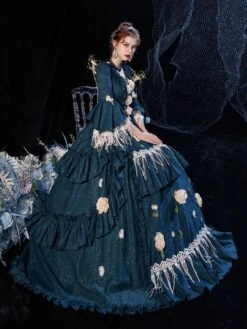 Rococo Victorian Prom Dress Retro Costume Dress Layered Floral Print Navy Blue Cosplay Costume Carnival -AYA Cosplay Shop 202009041438538727578