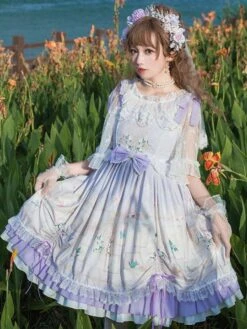 Sweet Lolita OP Dress Neverland Floral Print Light Sky Blue Ruffles Lolita One Piece Dresses -AYA Cosplay Shop 202010231540573298306