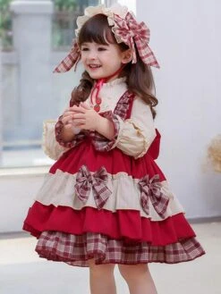Children's Sweet Lolita Dress Headwear Red Bow Strawberry Button Ruffles Polyester Long Sleeve Kids One Piece Dress