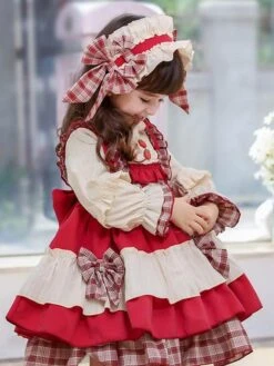 Children's Sweet Lolita Dress Headwear Red Bow Strawberry Button Ruffles Polyester Long Sleeve Kids One Piece Dress -AYA Cosplay Shop 202011131621206979268