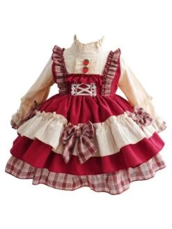 Children's Sweet Lolita Dress Headwear Red Bow Strawberry Button Ruffles Polyester Long Sleeve Kids One Piece Dress -AYA Cosplay Shop 202011131621210094359