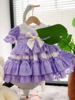 Children's Sweet Lolita Dress Violet Blue Bows Polyester Short Sleeve Kids Princess One Piece Dress -AYA Cosplay Shop 202011131622018178008