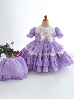 Children's Sweet Lolita Dress Violet Blue Bows Polyester Short Sleeve Kids Princess One Piece Dress -AYA Cosplay Shop 202011131622027902975