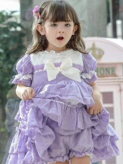 Children's Sweet Lolita Dress Violet Blue Bows Polyester Short Sleeve Kids Princess One Piece Dress