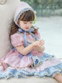 Children's Sweet Lolita Dress Headwear Pink Short Sleeve Blue Bow Ruffles Polyester Kids Princess One Piece Dress