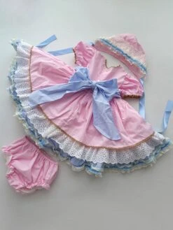 Children's Sweet Lolita Dress Headwear Pink Short Sleeve Blue Bow Ruffles Polyester Kids Princess One Piece Dress -AYA Cosplay Shop 202011131622071476545