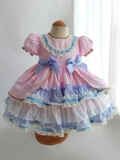 Children's Sweet Lolita Dress Headwear Pink Short Sleeve Blue Bow Ruffles Polyester Kids Princess One Piece Dress -AYA Cosplay Shop 202011131622074897736