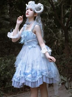 Sweet Lolita JSK Dress Baby Blue Sleeveless Tiered Bows Lace Lolita Jumper Skirts -AYA Cosplay Shop 202011251801540834600
