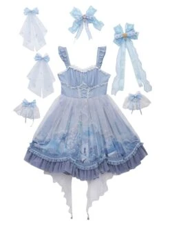 Sweet Lolita JSK Dress Baby Blue Sleeveless Tiered Bows Lace Lolita Jumper Skirts -AYA Cosplay Shop 202011251801545239829