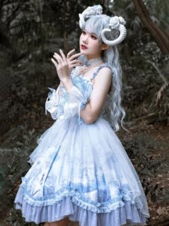 Sweet Lolita JSK Dress Baby Blue Sleeveless Tiered Bows Lace Lolita Jumper Skirts -AYA Cosplay Shop 202011251802010783855
