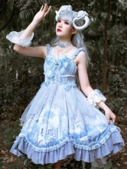 Sweet Lolita JSK Dress Baby Blue Sleeveless Tiered Bows Lace Lolita Jumper Skirts