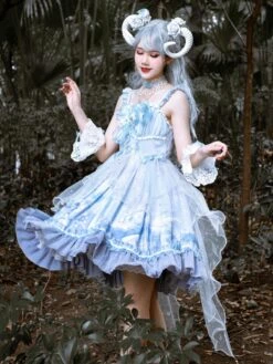 Sweet Lolita JSK Dress Baby Blue Sleeveless Tiered Bows Lace Lolita Jumper Skirts -AYA Cosplay Shop 202011251802030093337