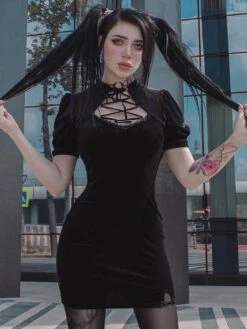 Women Black Bodycon Dress Short Sleeves Korean Velvet Cheongsam Short Wrap Dresses