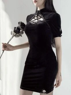 Women Black Bodycon Dress Short Sleeves Korean Velvet Cheongsam Short Wrap Dresses 12 Women Black Bodycon Dress Short Sleeves Korean Velvet Cheongsam Short Wrap Dresses -AYA Cosplay Shop 202011251810049264131