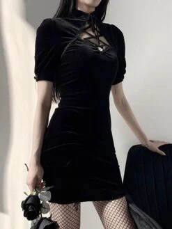 Women Black Bodycon Dress Short Sleeves Korean Velvet Cheongsam Short Wrap Dresses 11 Women Black Bodycon Dress Short Sleeves Korean Velvet Cheongsam Short Wrap Dresses -AYA Cosplay Shop 202011251810058088217