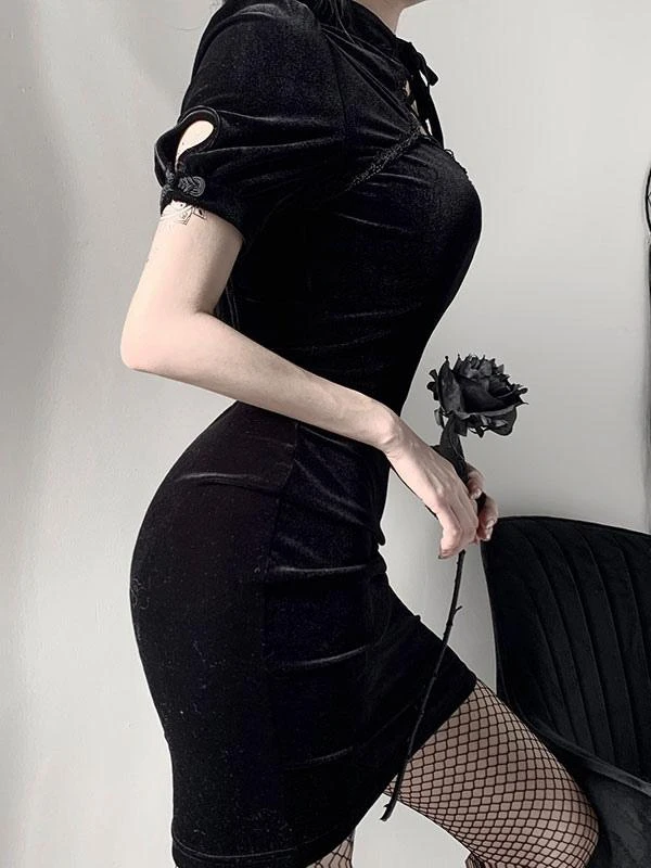 Women Black Bodycon Dress Short Sleeves Korean Velvet Cheongsam Short Wrap Dresses 4 Women Black Bodycon Dress Short Sleeves Korean Velvet Cheongsam Short Wrap Dresses - Image 2