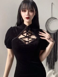 Women Black Bodycon Dress Short Sleeves Korean Velvet Cheongsam Short Wrap Dresses 15 Women Black Bodycon Dress Short Sleeves Korean Velvet Cheongsam Short Wrap Dresses -AYA Cosplay Shop 202011251810069227668