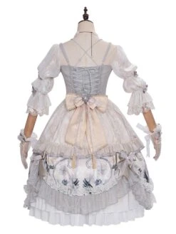 Sweet Lolita Wedding OP Dress Floral Print Light Gray Flowers Bows Hime Lolita One Piece Dresses -AYA Cosplay Shop 202011251815530881737