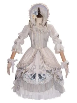 Sweet Lolita Wedding OP Dress Floral Print Light Gray Flowers Bows Hime Lolita One Piece Dresses -AYA Cosplay Shop 20201125181554110280