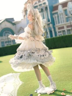 Sweet Lolita Wedding OP Dress Floral Print Light Gray Flowers Bows Hime Lolita One Piece Dresses -AYA Cosplay Shop 202011251815544409460