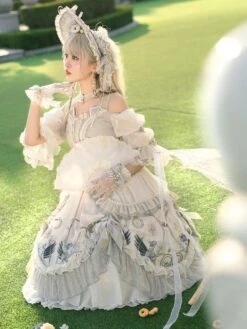 Sweet Lolita Wedding OP Dress Floral Print Light Gray Flowers Bows Hime Lolita One Piece Dresses -AYA Cosplay Shop 202011251815560055748