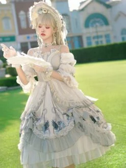 Sweet Lolita Wedding OP Dress Floral Print Light Gray Flowers Bows Hime Lolita One Piece Dresses -AYA Cosplay Shop 202011251815564098153