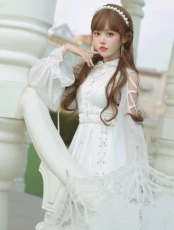 Sweet Lolita OP Dress White Lace Up Cascading Ruffles Long Sleeves Lolita Dresses -AYA Cosplay Shop 202012011939250073326