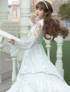 Sweet Lolita OP Dress White Lace Up Cascading Ruffles Long Sleeves Lolita Dresses -AYA Cosplay Shop 202012011939253226492
