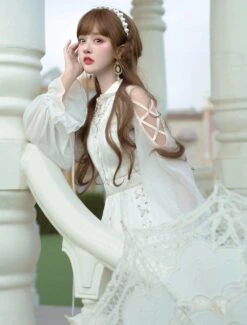 Sweet Lolita OP Dress White Lace Up Cascading Ruffles Long Sleeves Lolita Dresses -AYA Cosplay Shop 202012011939257759556