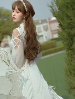 Sweet Lolita OP Dress White Lace Up Cascading Ruffles Long Sleeves Lolita Dresses -AYA Cosplay Shop 202012011939261187328